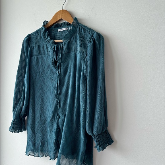 Vintage Notations Blouse Teal Smocked Lined Button Cottage Peasant Romantic LG - Picture 3 of 11